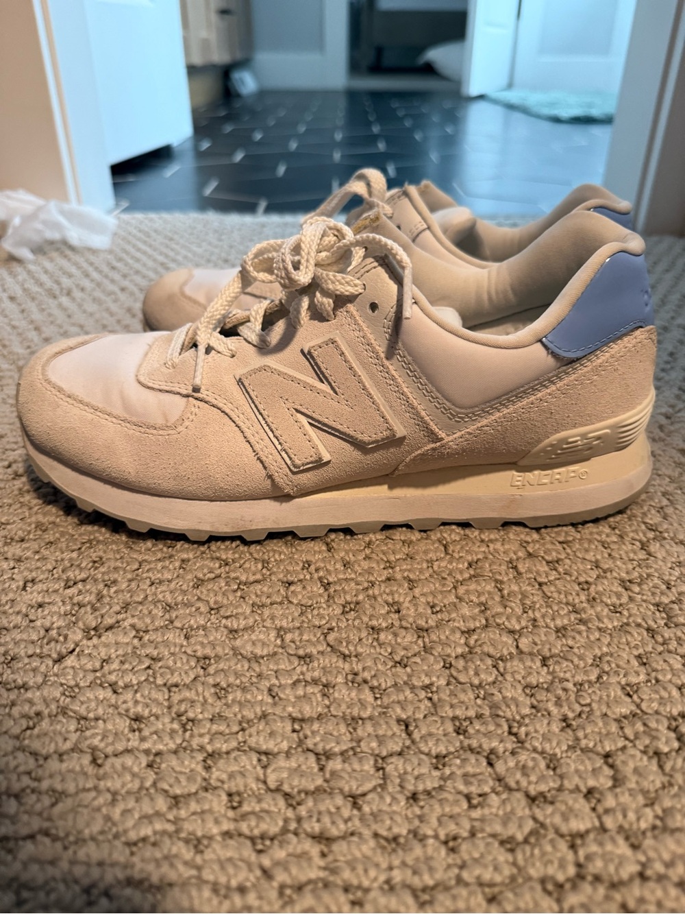 New Balance Women’s' Beige Suede & Mesh Sneaker with Light Blue Heel
